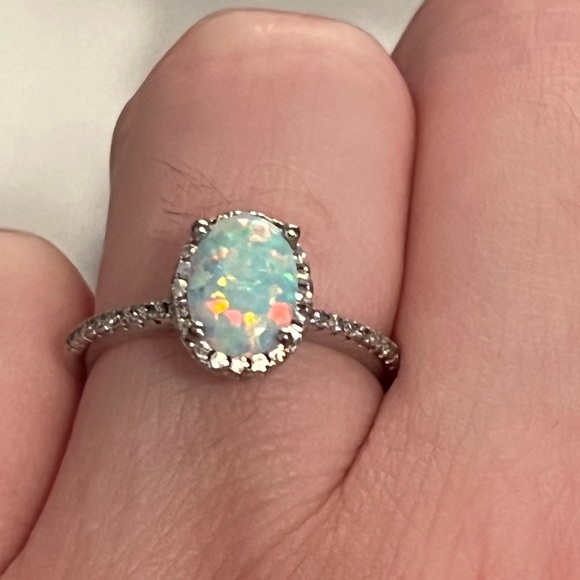 Fire Opal & Diamond 925 Silver Ring Size 5 - Picture 4 of 10